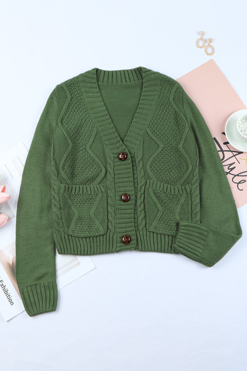 Cable-Knit Button Down V-Neck Cardigan-Angel Casuals