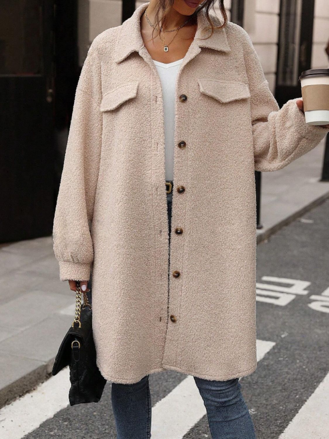 Button Up Drop Shoulder Sherpa Coat-Angel Casuals