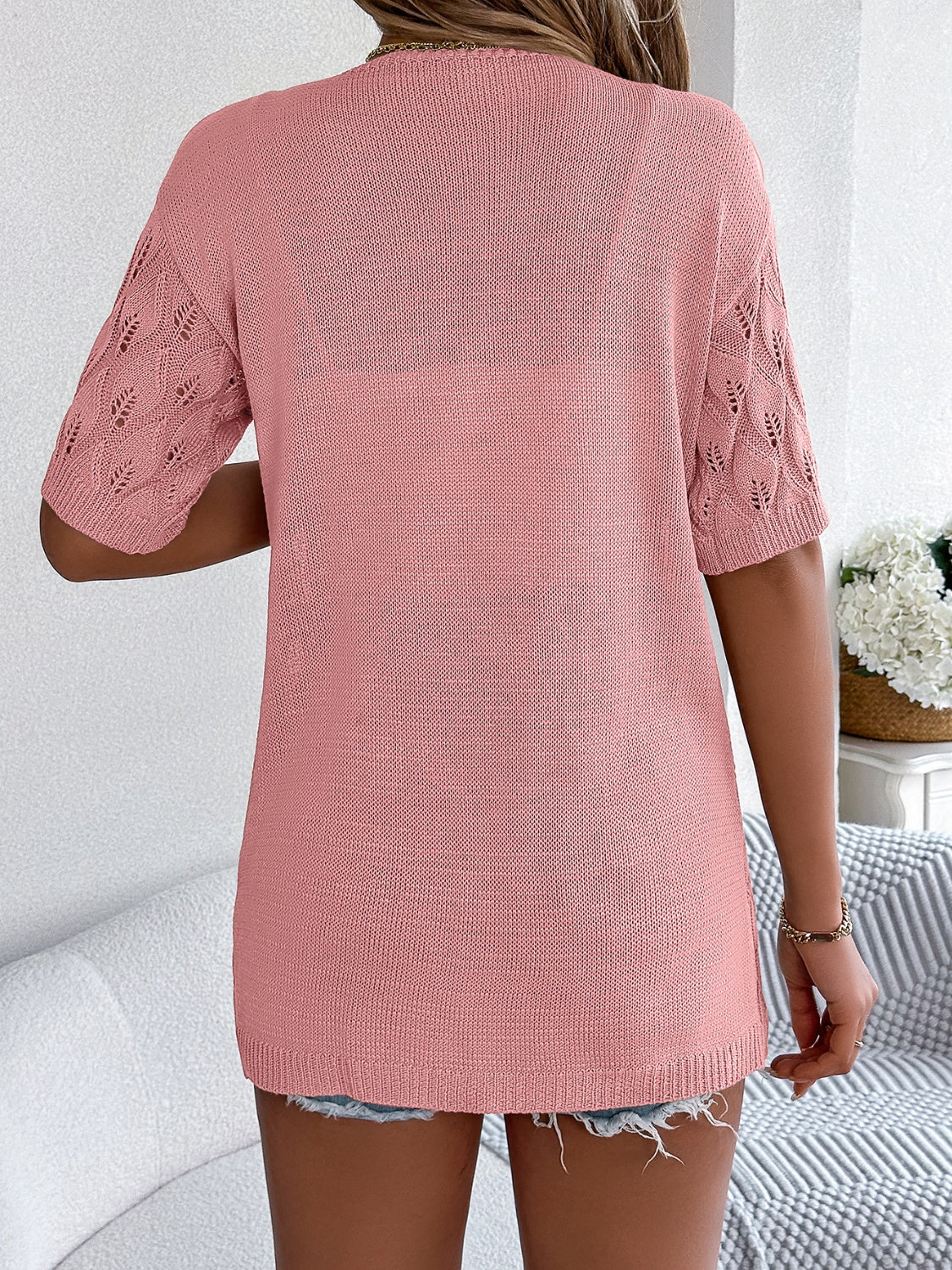 Openwork Open Front Short Sleeve Cardigan-Angel Casuals