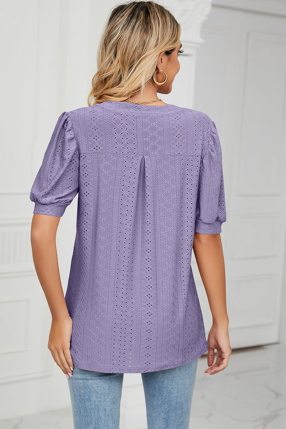 Eyelet Notched Short Sleeve T-Shirt-Angel Casuals