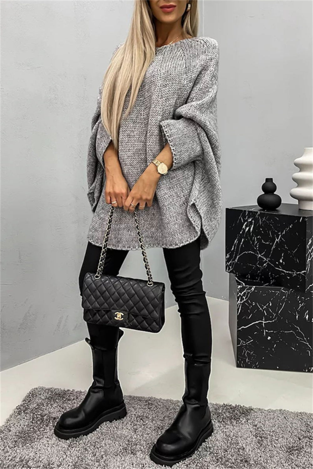 Round Neck Batwing Sleeve Sweater-Angel Casuals