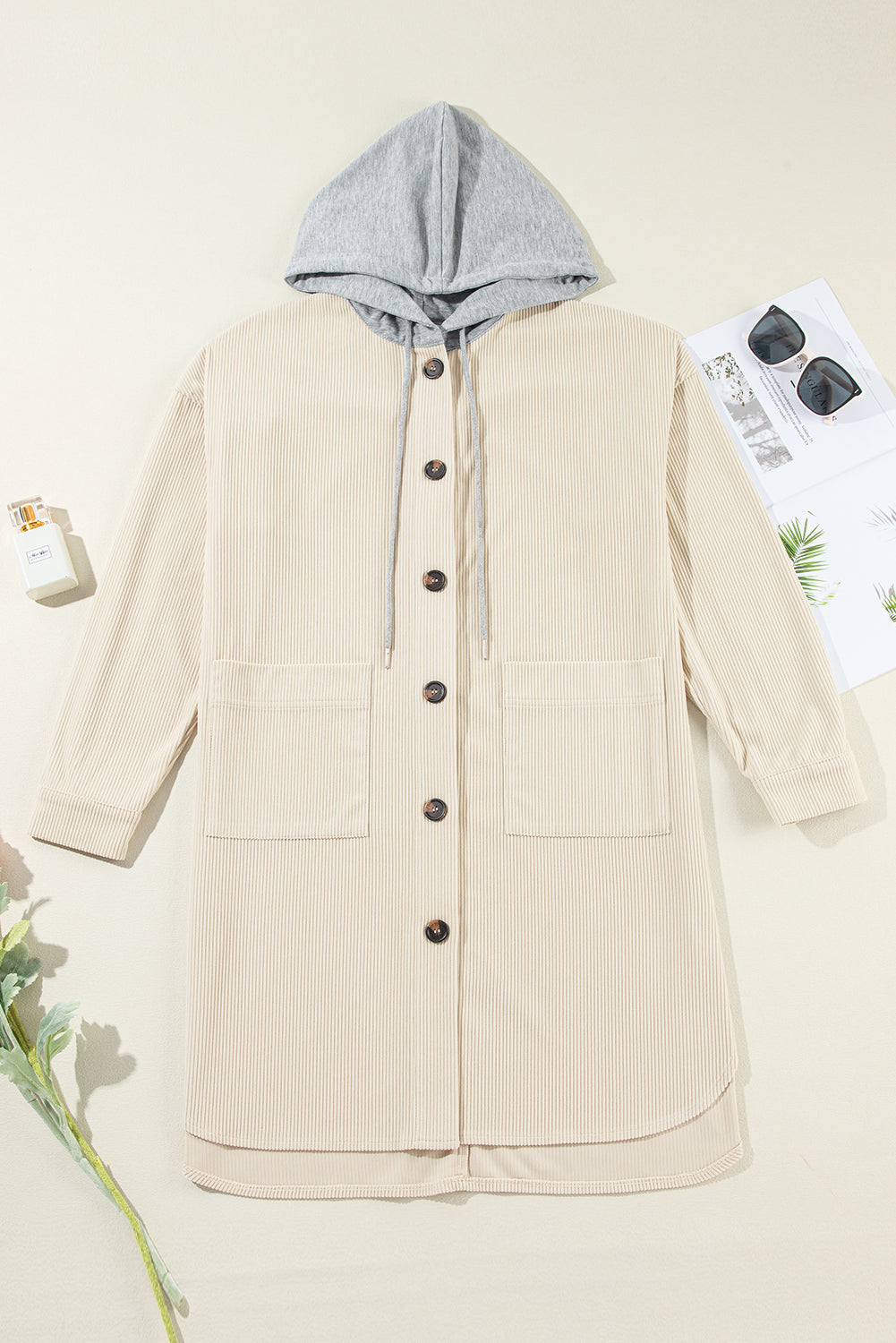 Drawstring Button Up Long Sleeve Hooded Jacket-Angel Casuals