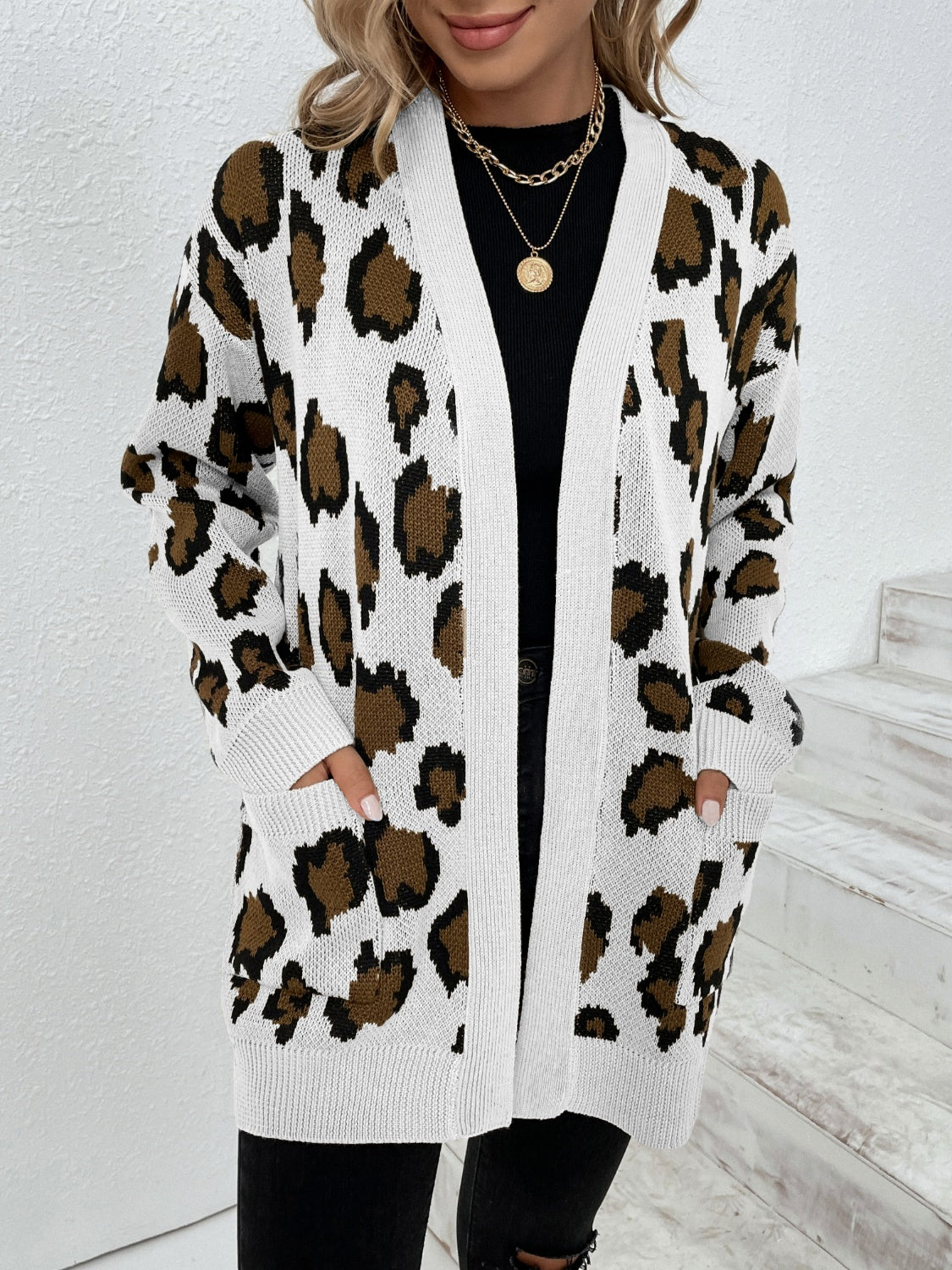 Leopard Open Front Dropped Shoulder Cardigan-Angel Casuals