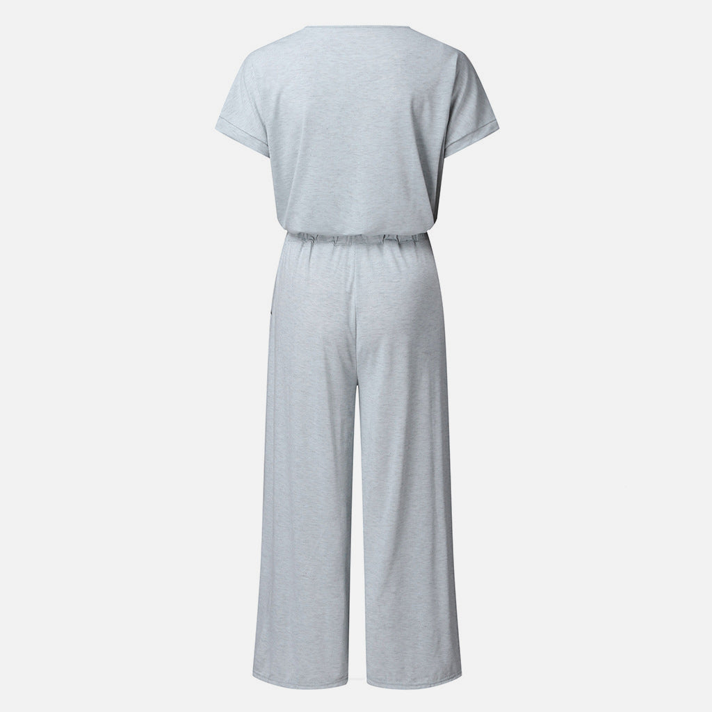 V-Neck Short Sleeve Jumpsuit-Angel Casuals