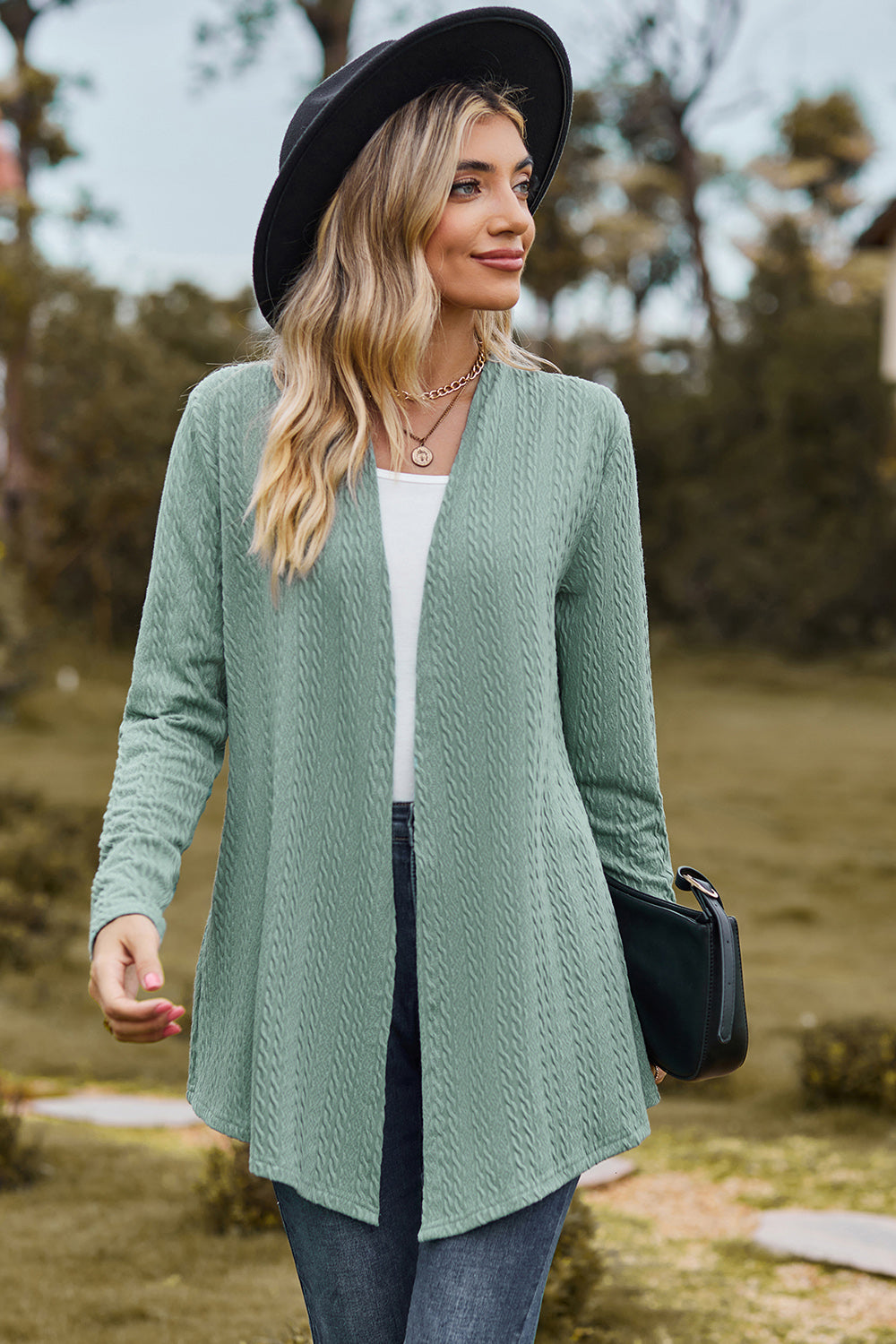 Textured Open Front Long Sleeve Cardigan-Angel Casuals