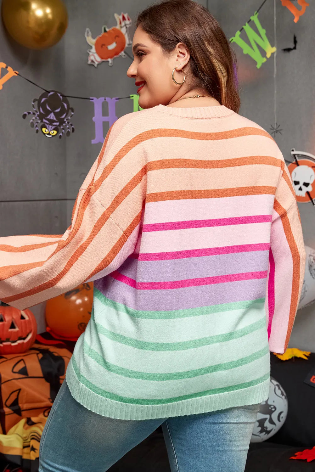 Plus Size Striped Round Neck Long Sleeve Sweater-Angel Casuals