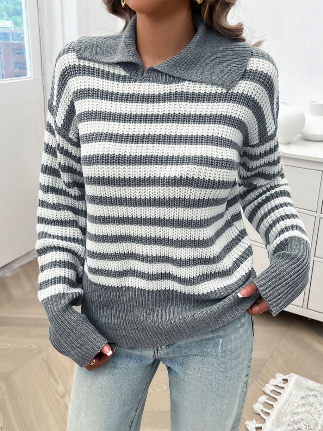 Devine Striped Collared Neck Long Sleeve Sweater-Angel Casuals