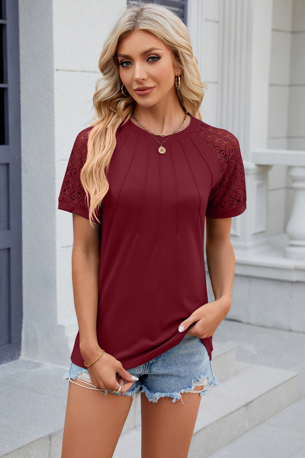 Openwork Round Neck Short Sleeve T-Shirt-Angel Casuals