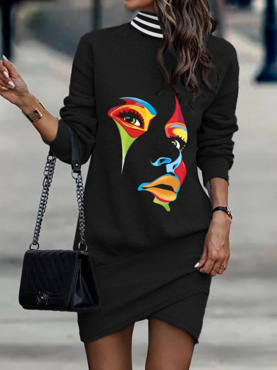 Printed Turtleneck Long Sleeve Mini Dress-Angel Casuals