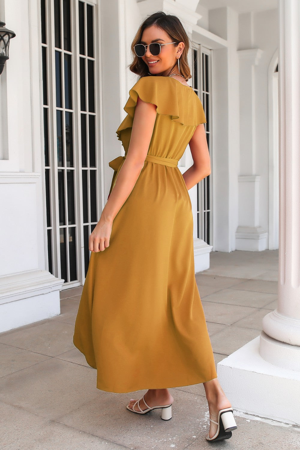 Ruffled Surplice Tie Waist Slit Midi Dress-Angel Casuals