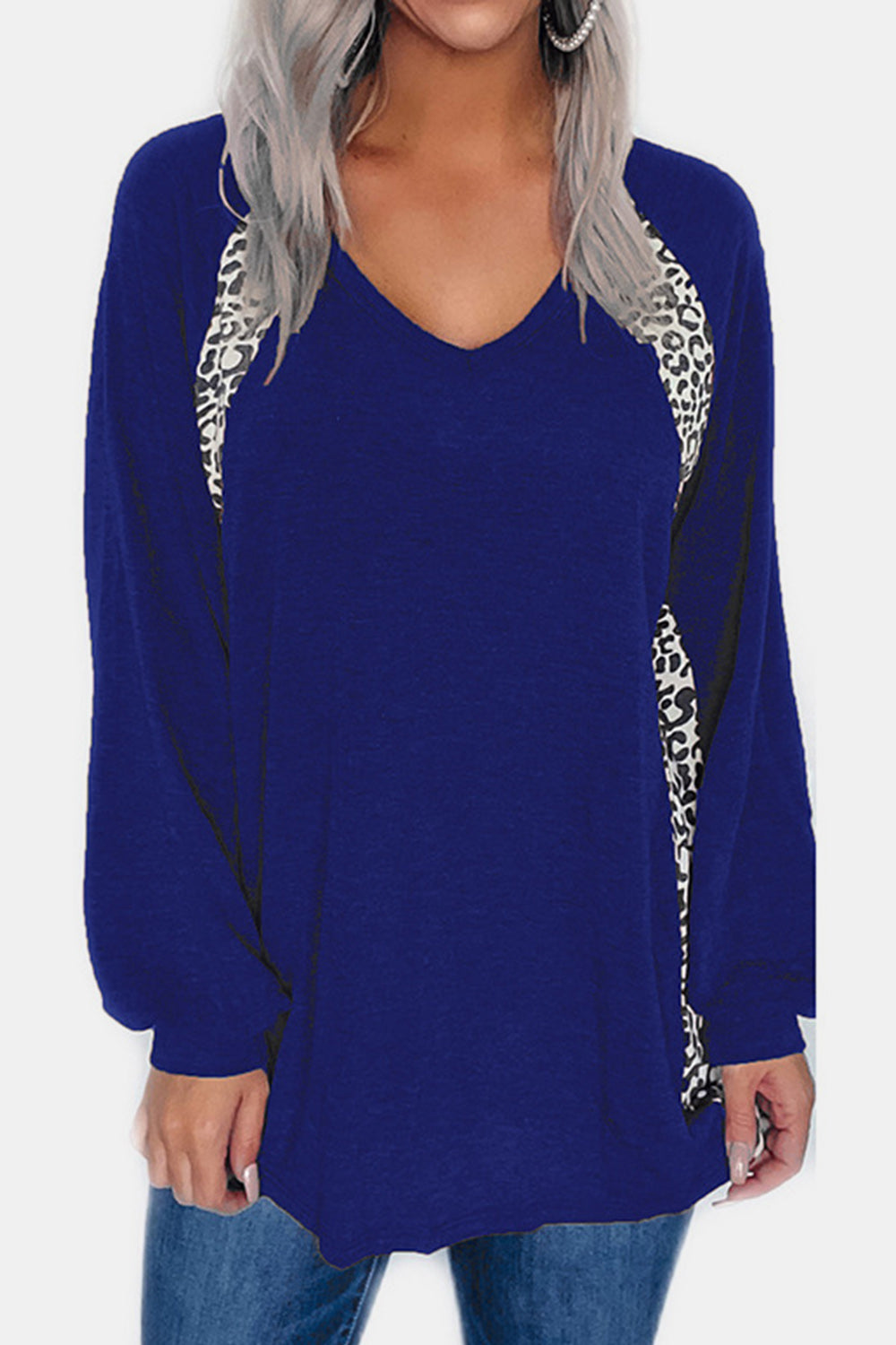 Full Size Leopard V-Neck Long Sleeve T-Shirt-Angel Casuals