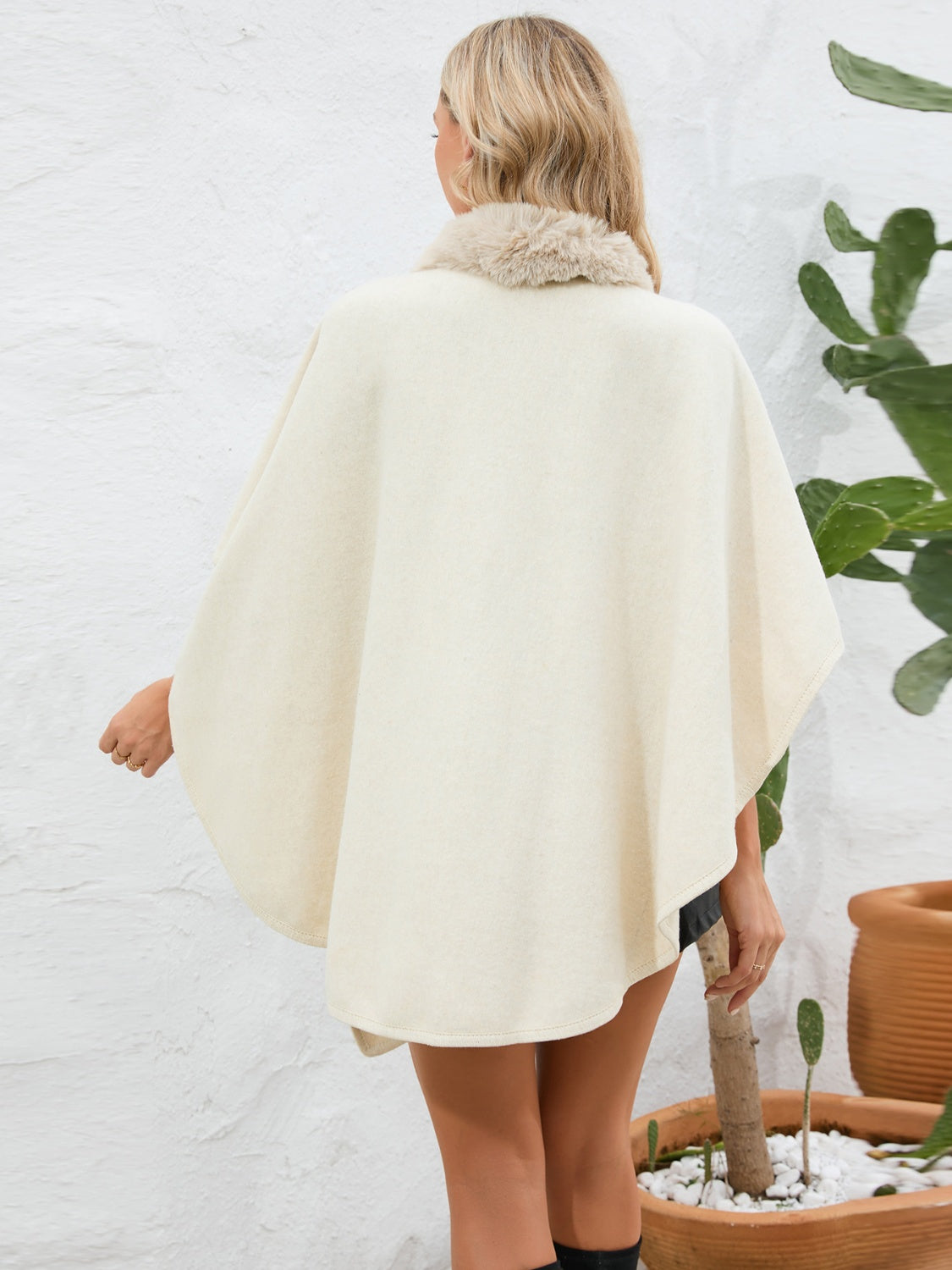 Fuzzy Trim Open Front Poncho-Angel Casuals