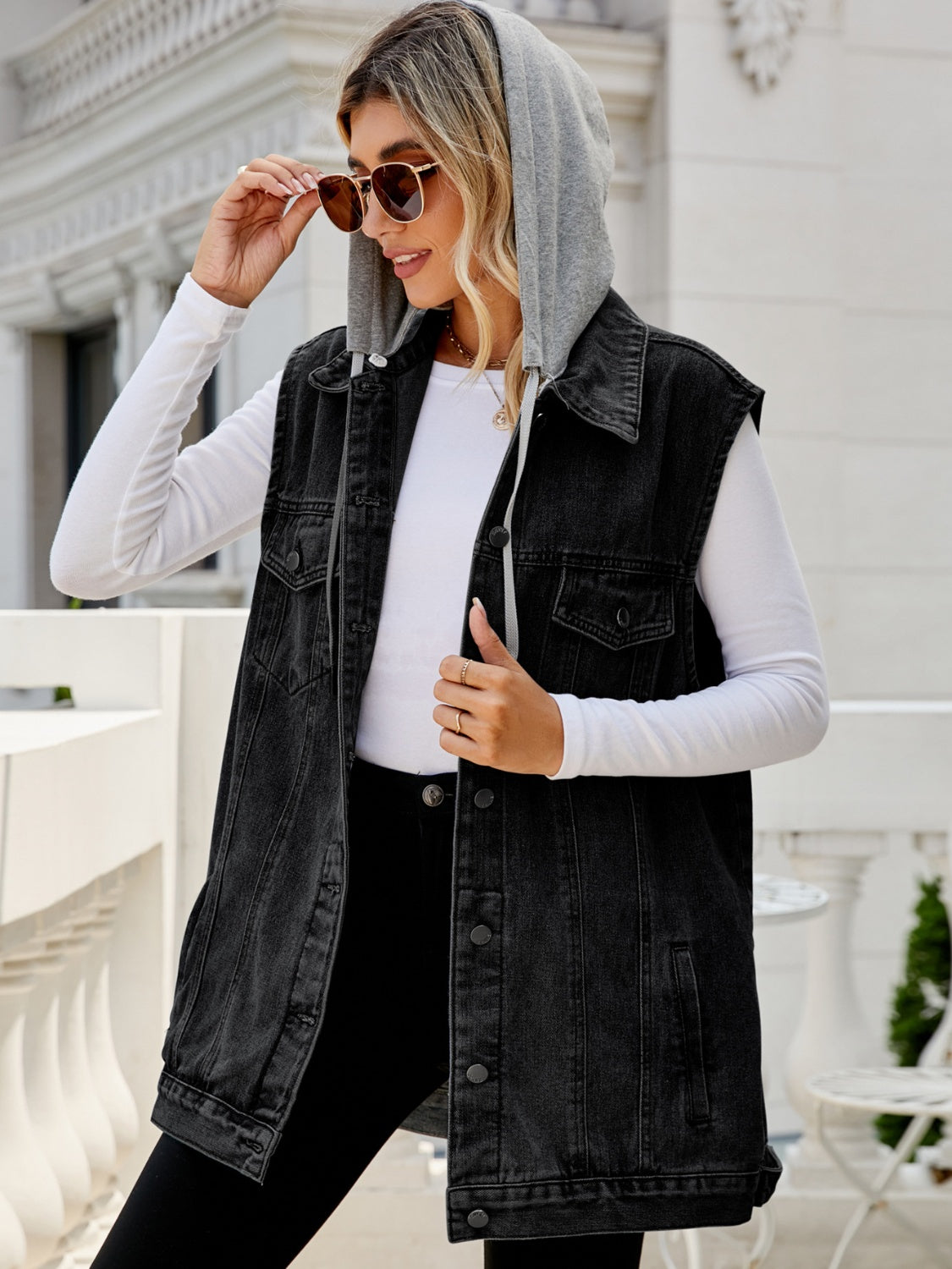 Drawstring Pocketed Button Up Sleeveless Denim Jacket-Angel Casuals