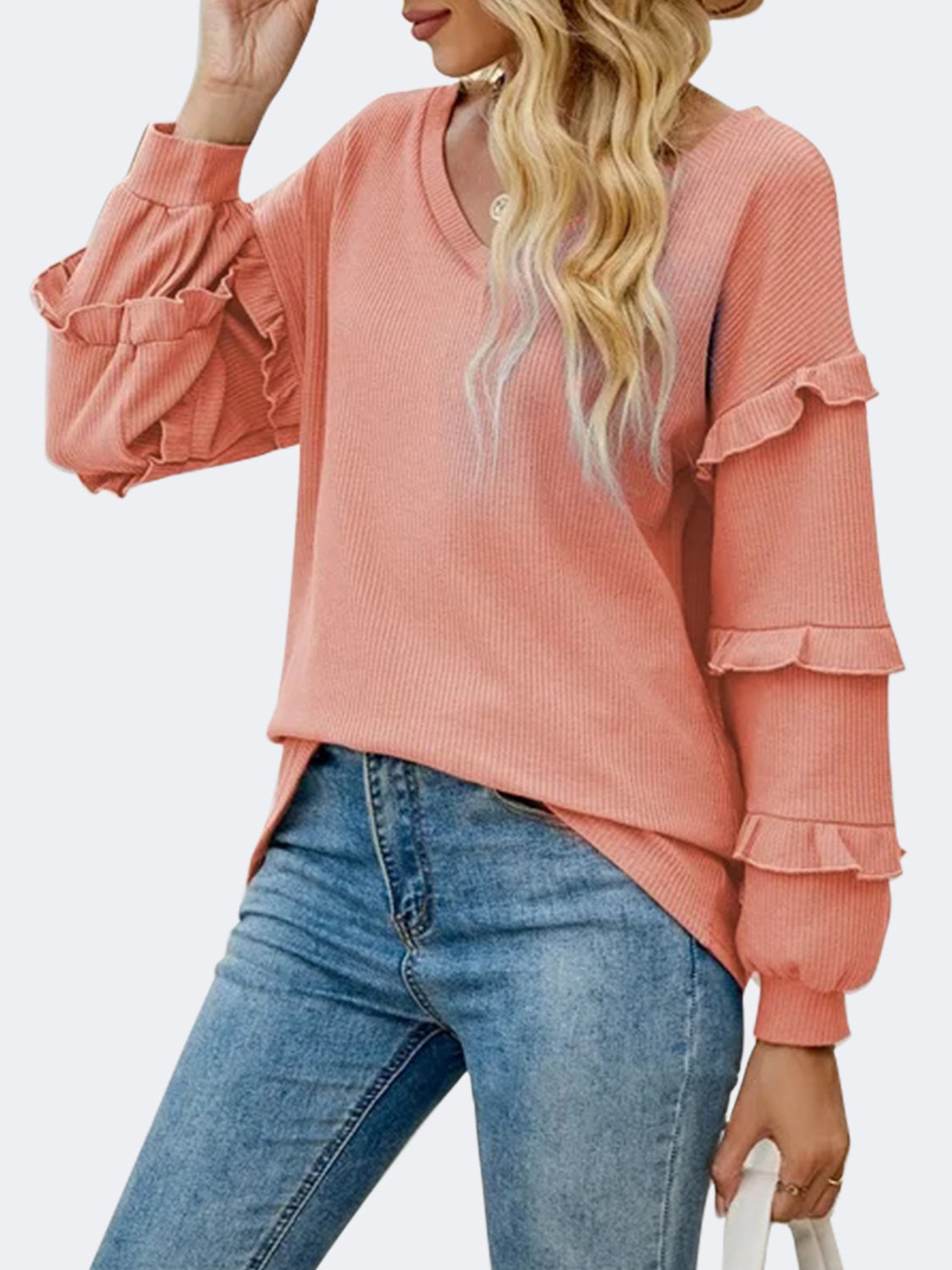Ruffled V-Neck Long Sleeve T-Shirt-Angel Casuals