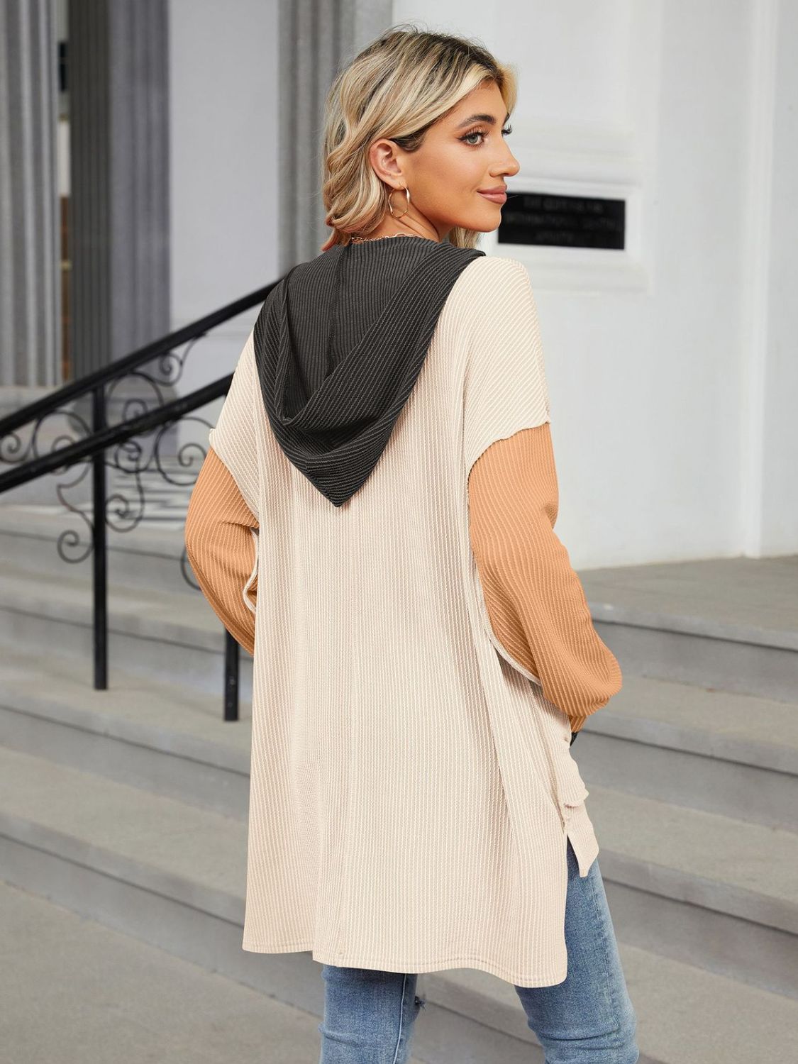 Double Take Contrast Hooded Long Sleeve Top-Angel Casuals