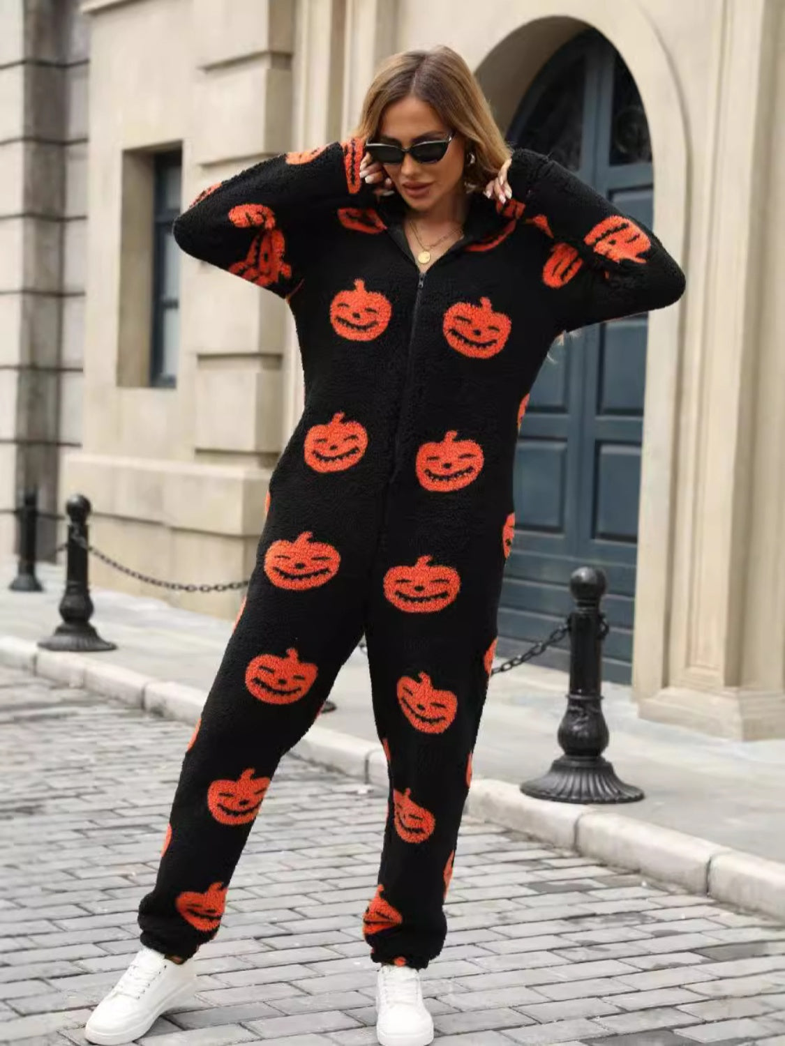 Fuzzy Pumpkin Half Zip Hooded Jumpsuit-Angel Casuals