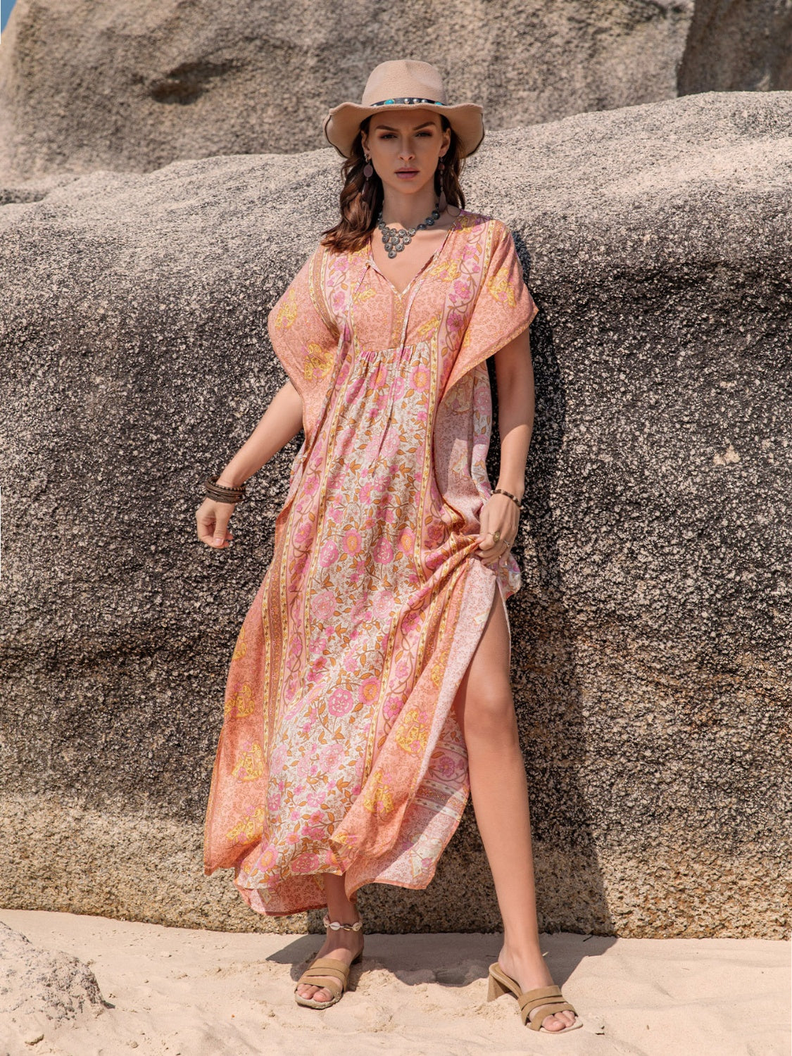 Printed Tie Neck Short Sleeve Dress-Angel Casuals
