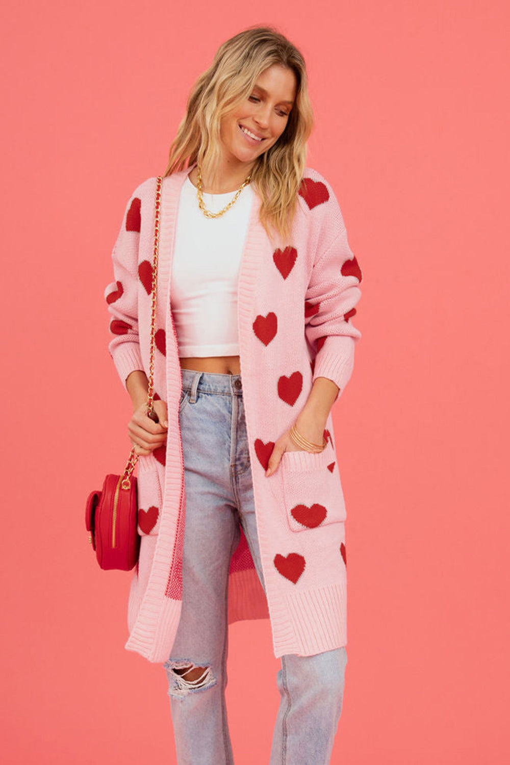 Heart Graphic Open Front Cardigan with Pockets-Angel Casuals