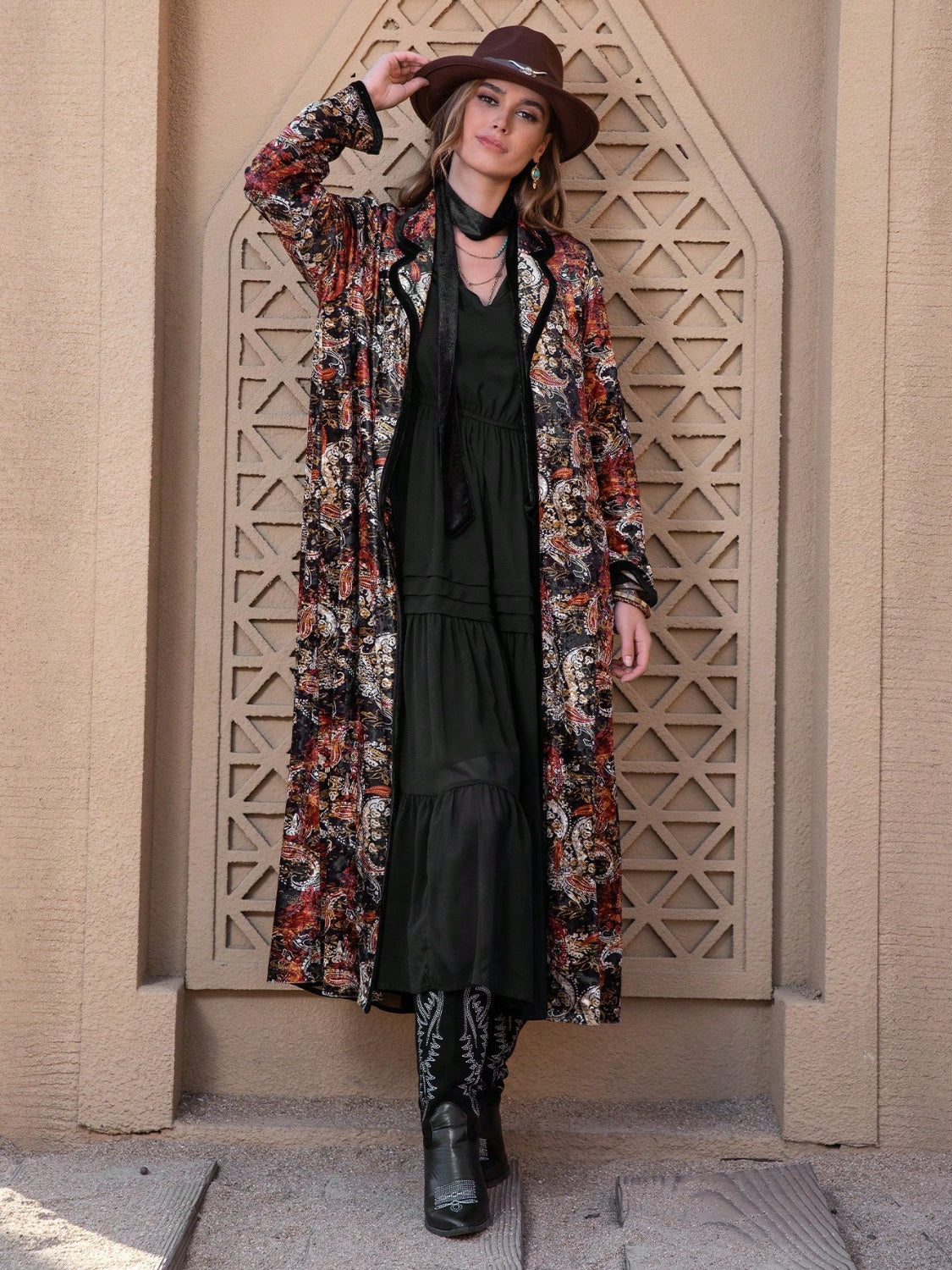 Printed Open Front Long Sleeve Outerwear-Angel Casuals