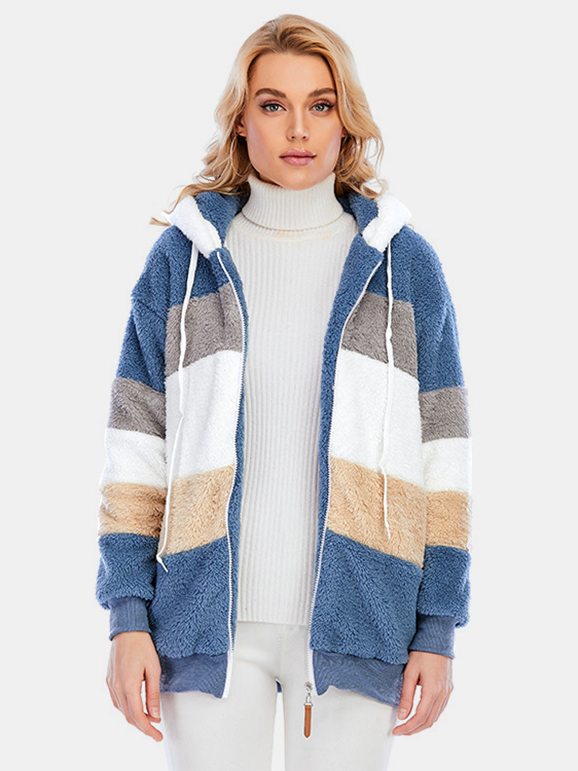 Full Size Drawstring Color Block Zip Up Hooded Outerwear-Angel Casuals