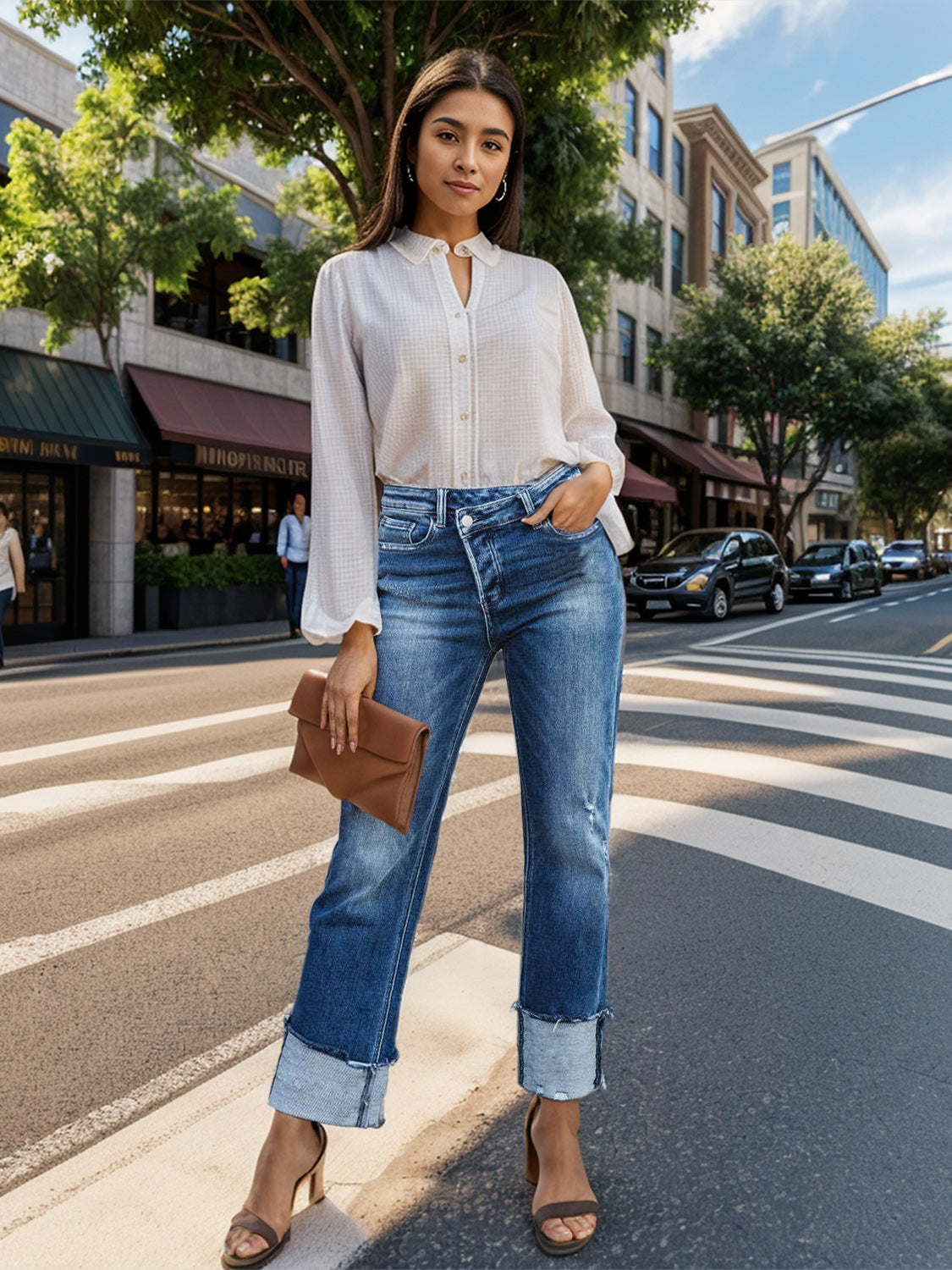 Stepped Waist Raw Hem Rolled Straight Jeans-Angel Casuals