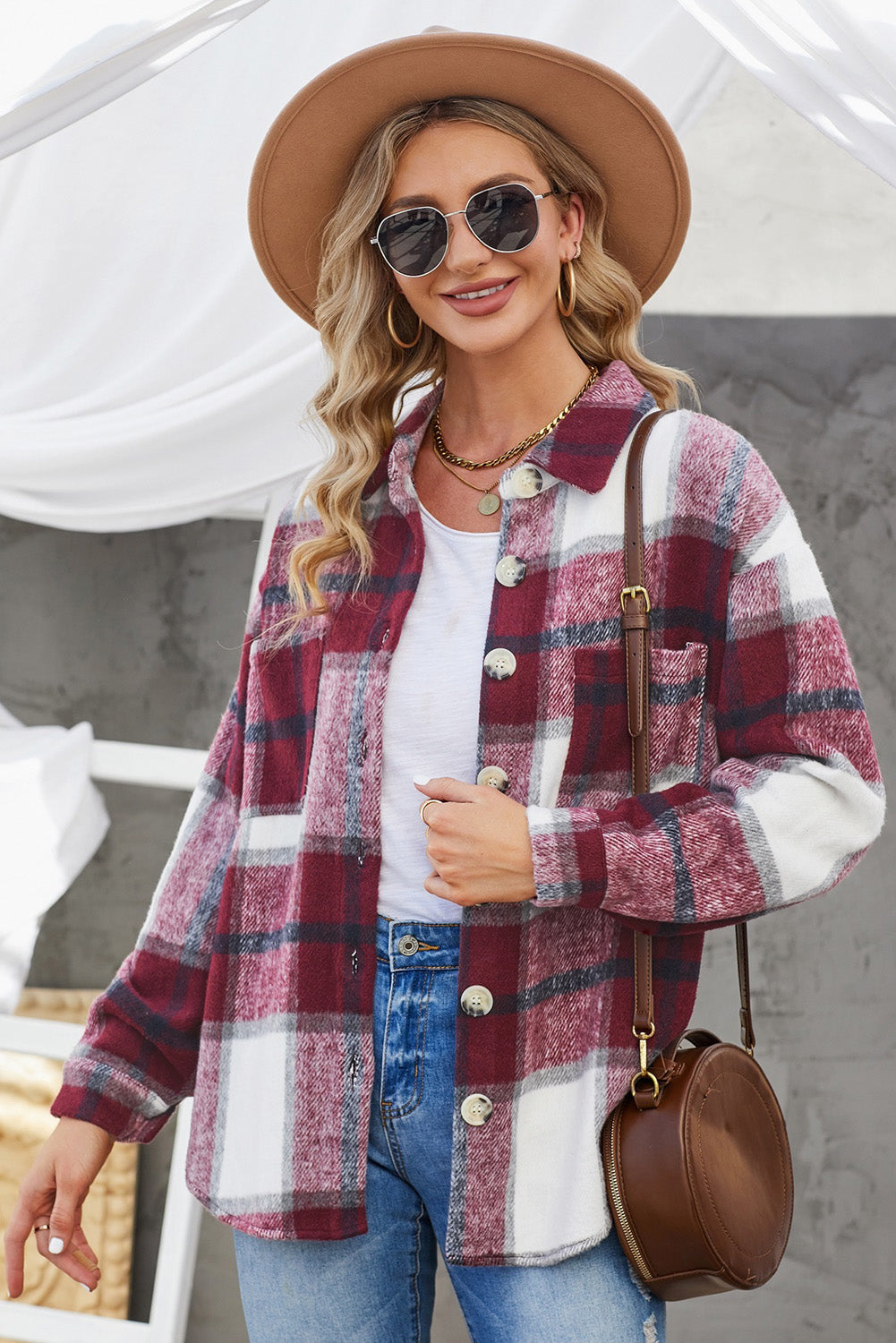 Plaid Button Up Dropped Shoulder Jacket-Angel Casuals