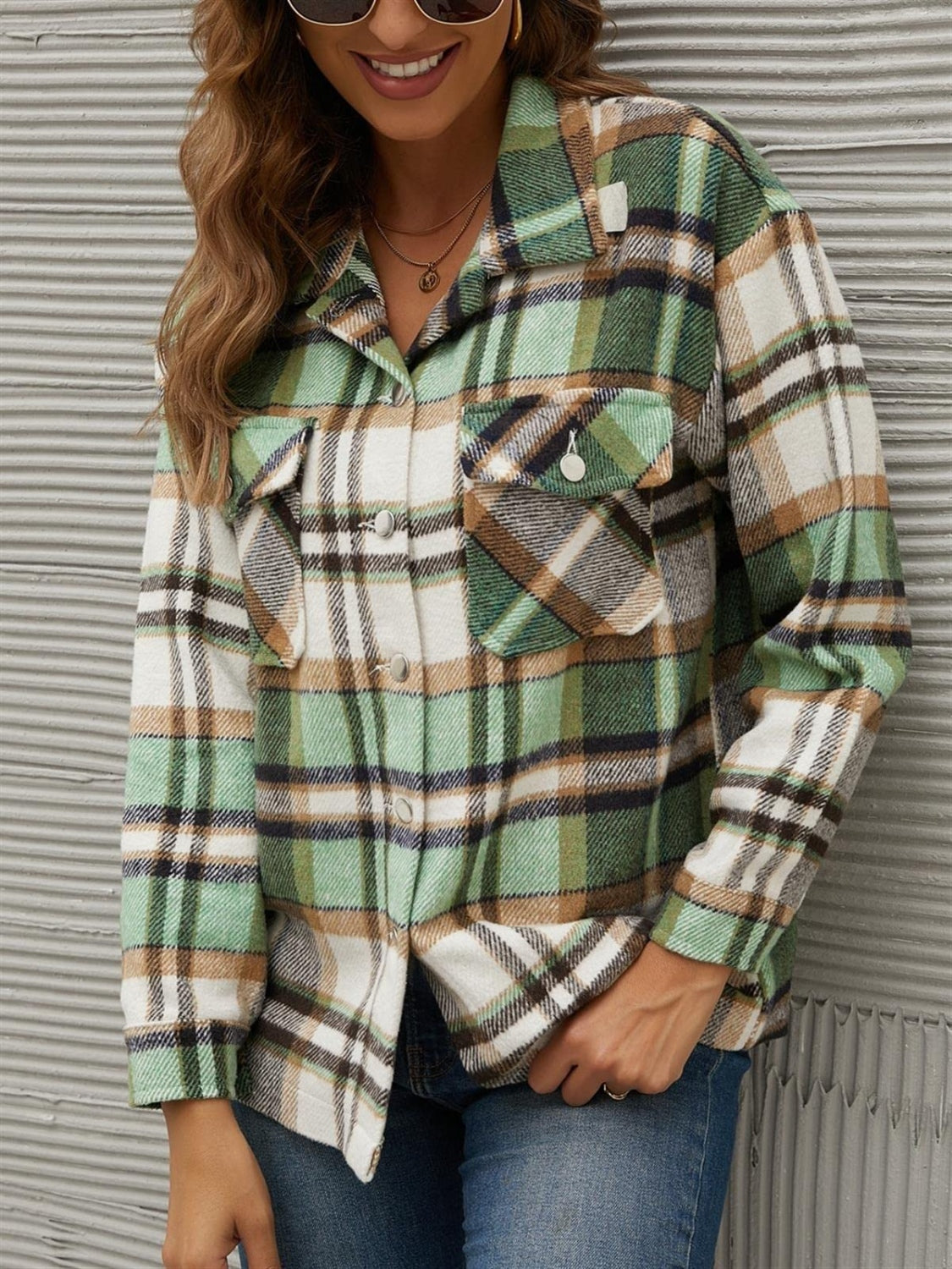 Plaid Collared Neck Long Sleeve Jacket-Angel Casuals