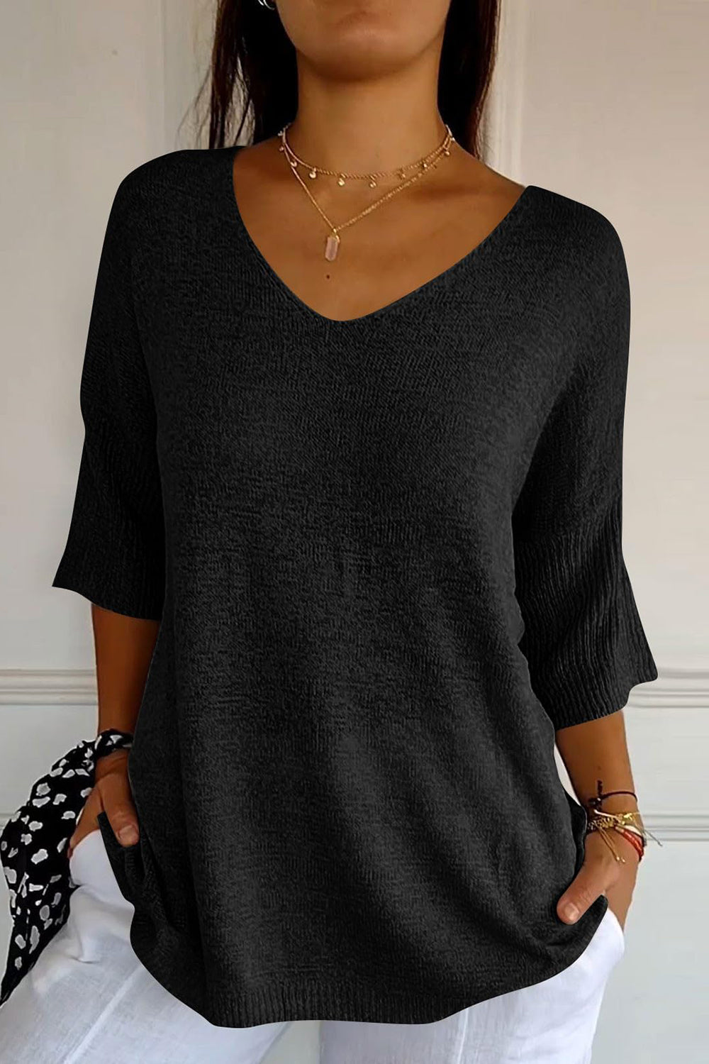 V-Neck Three-Quarter Sleeve Knit Top-Angel Casuals