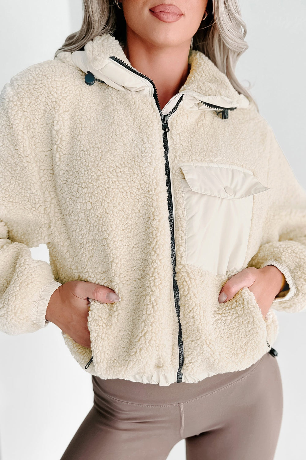 Drawstring Zip Up Sherpa Jacket with Removable Hood-Angel Casuals