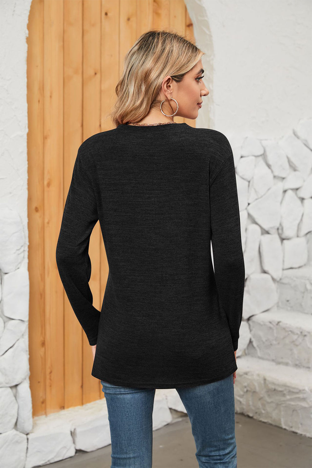 Notched Neck Long Sleeve T-Shirt-Angel Casuals