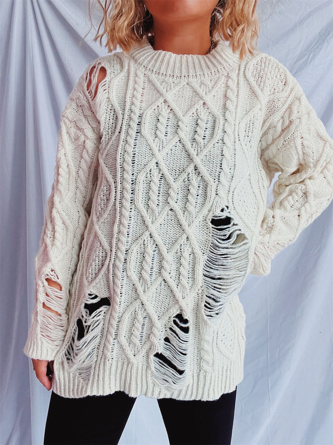 Distressed Cable-Knit Round Neck Long Sleeve Sweater-Angel Casuals