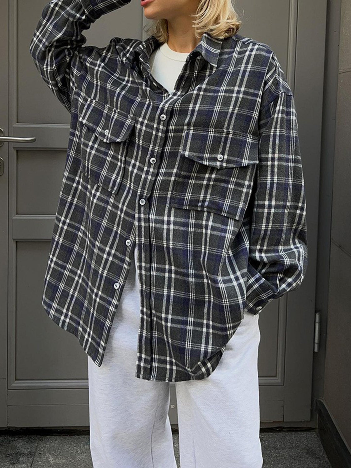 Pocketed Plaid Button Up Shacket-Angel Casuals