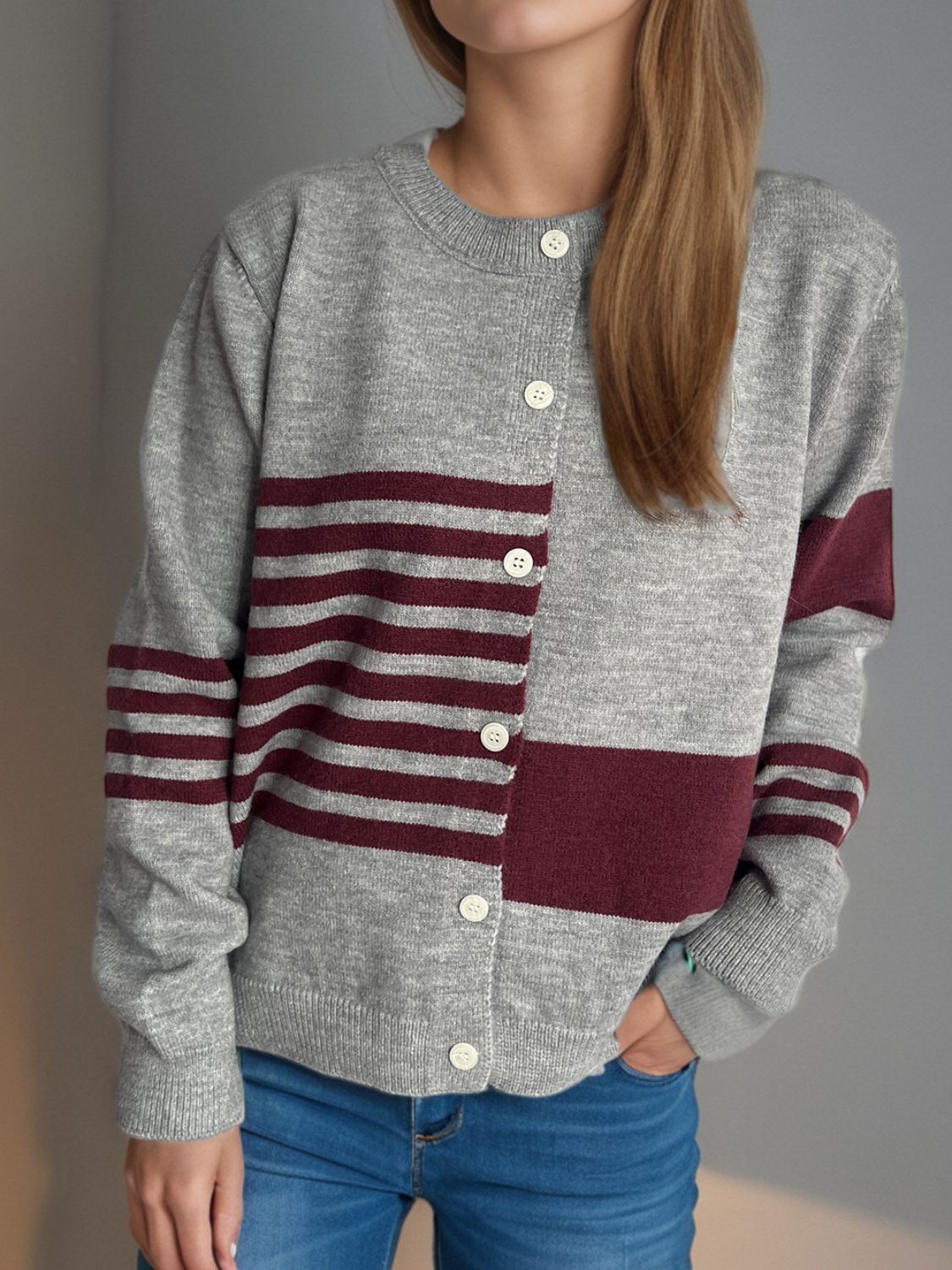 Striped Color Block Round Neck Cardigan-Angel Casuals