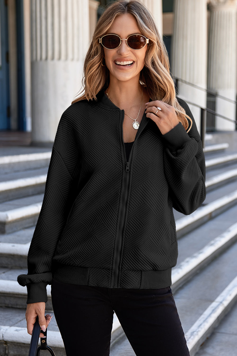 Texture Zip Up Baseball Collar Long Sleeve Jacket-Angel Casuals