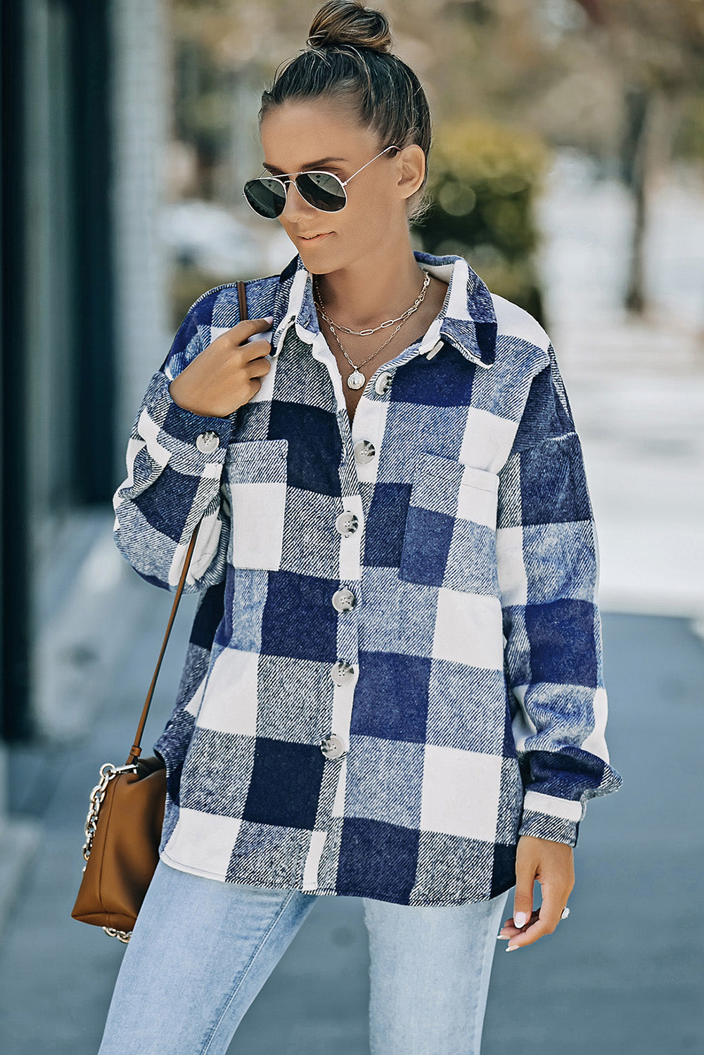 Plaid Button Up Dropped Shoulder Jacket-Angel Casuals