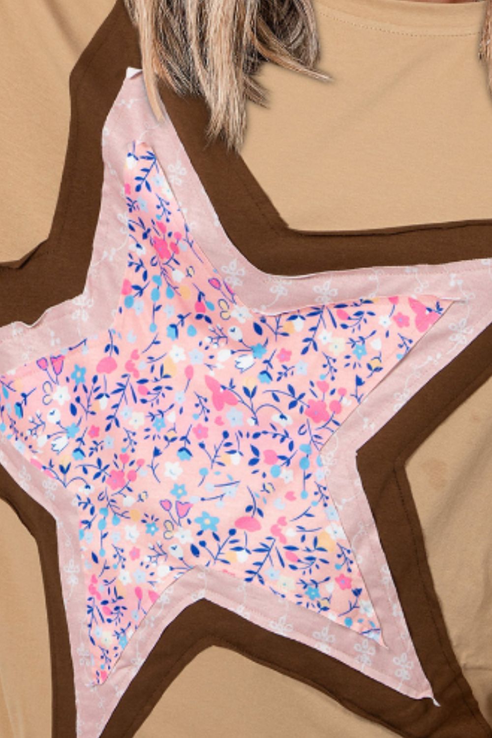 Star Applique Patch Round Neck T-Shirt-Angel Casuals