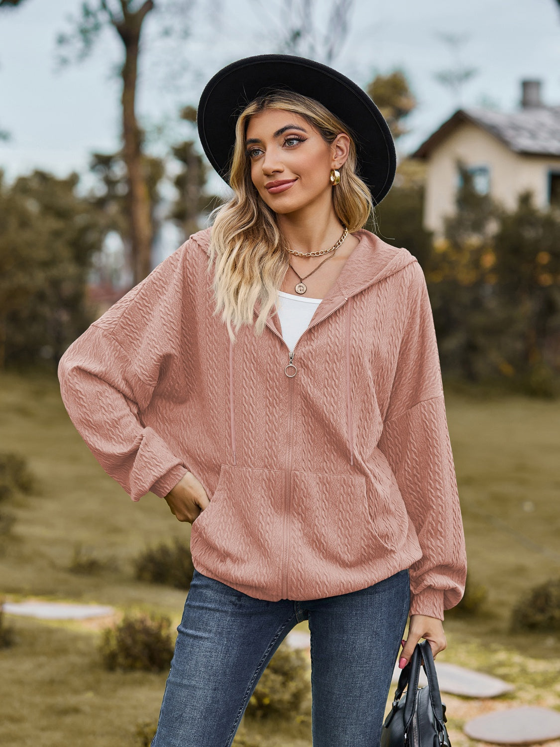 Zip Up Drawstring Long Sleeve Hooded Jacket-Angel Casuals