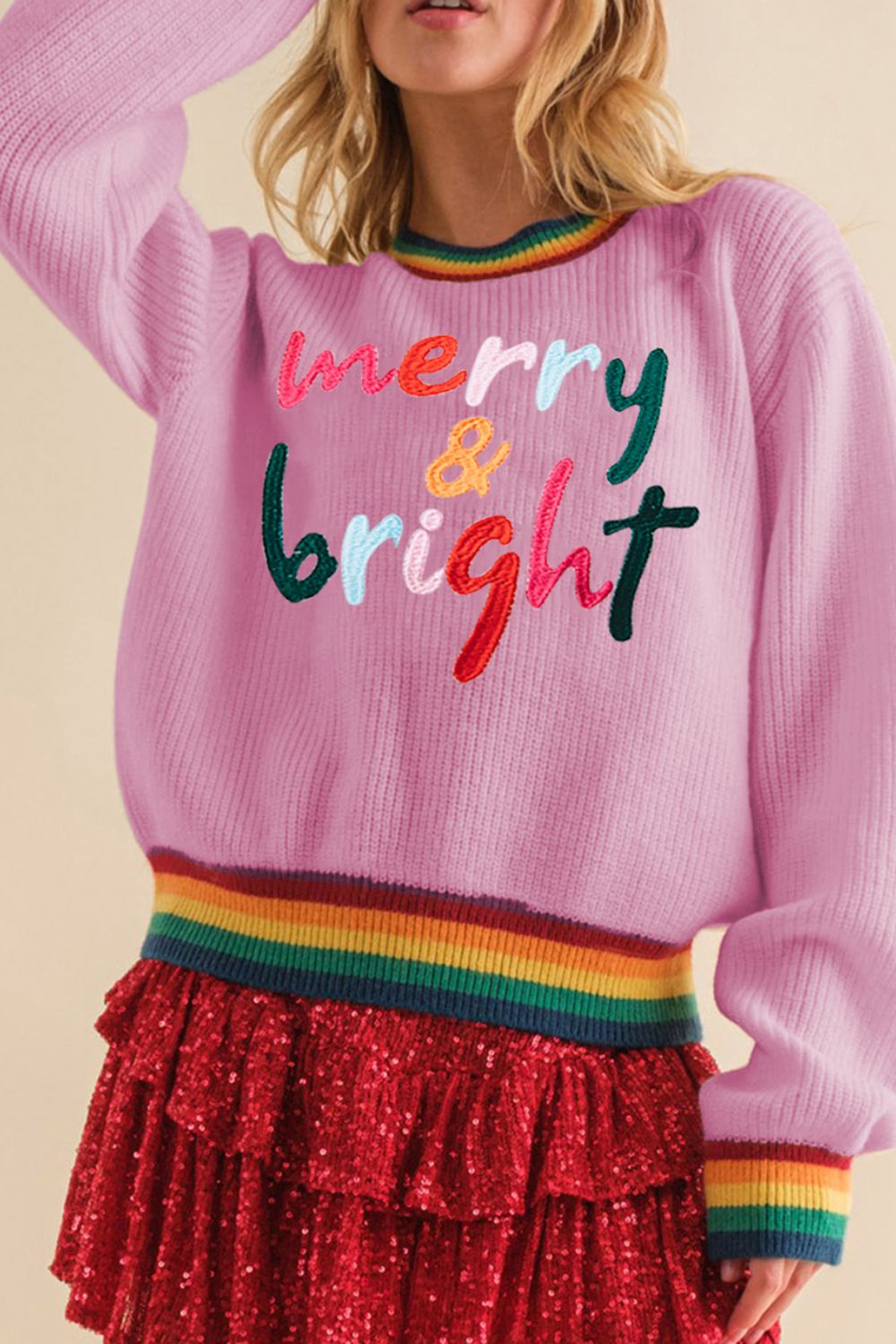 MERRY & BRIGHT Ribbed Round Neck Sweater-Angel Casuals
