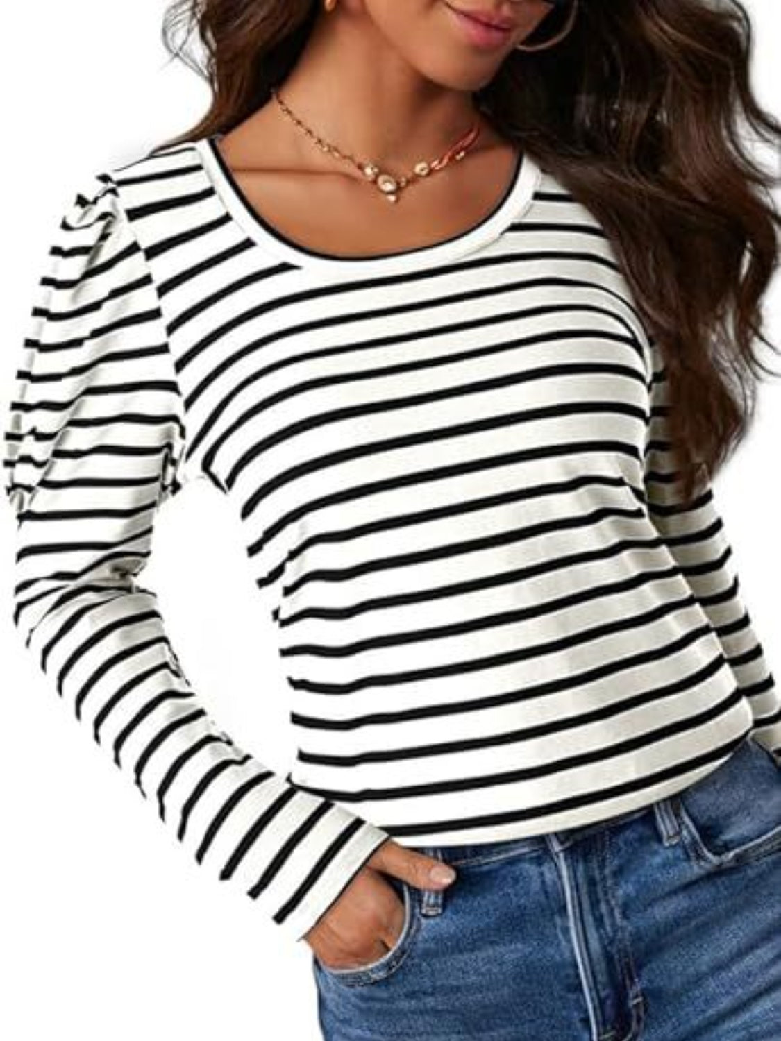 Striped Round Neck Long Sleeve T-Shirt-Angel Casuals
