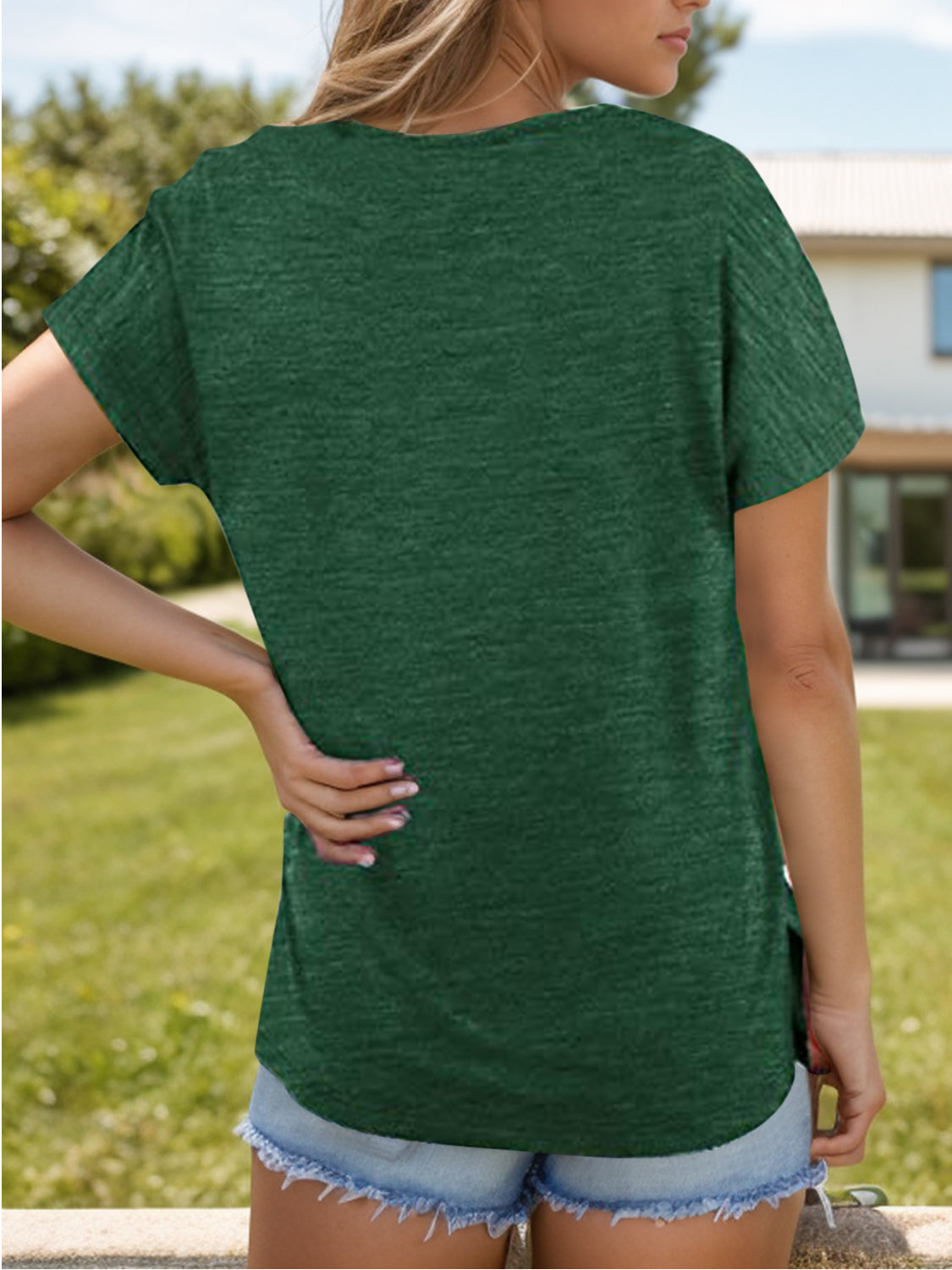 Pocketed Heathered V-Neck Short Sleeve T-Shirt-Angel Casuals