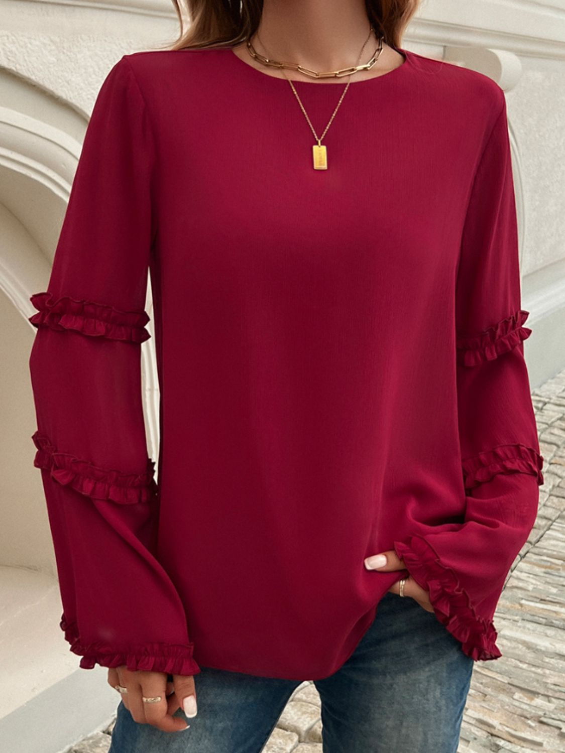 Devine Frill Round Neck Long Sleeve Top-Angel Casuals