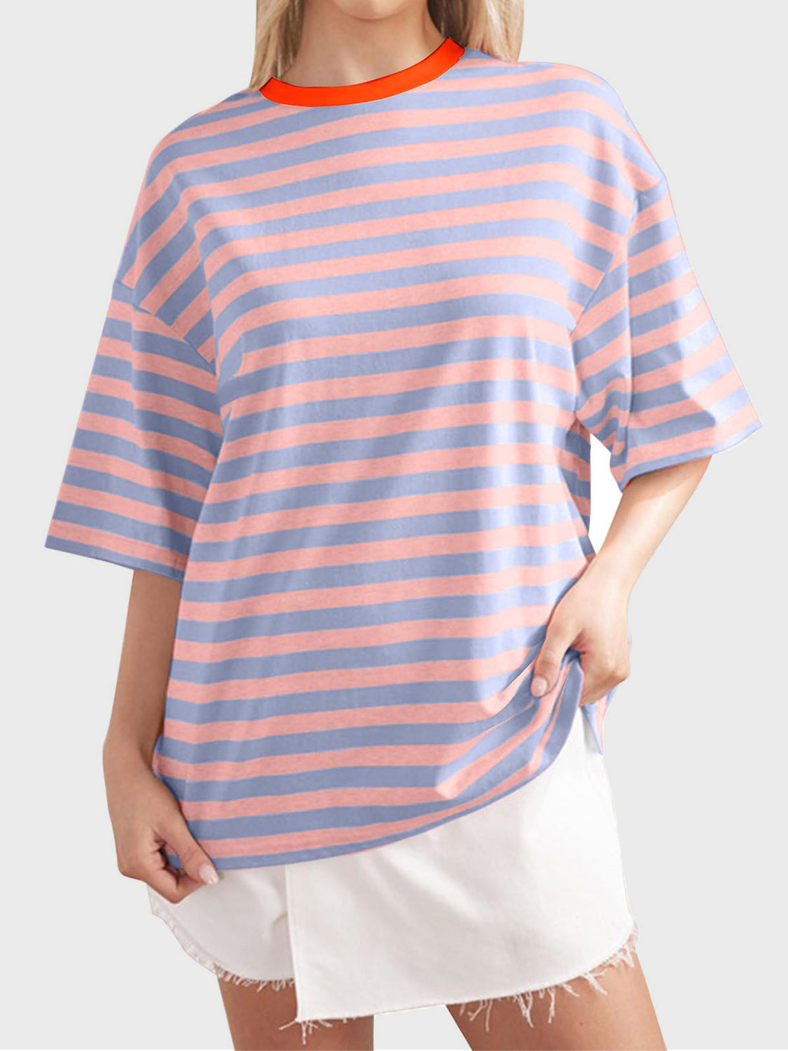 Striped Round Neck Half Sleeve T-Shirt-Angel Casuals