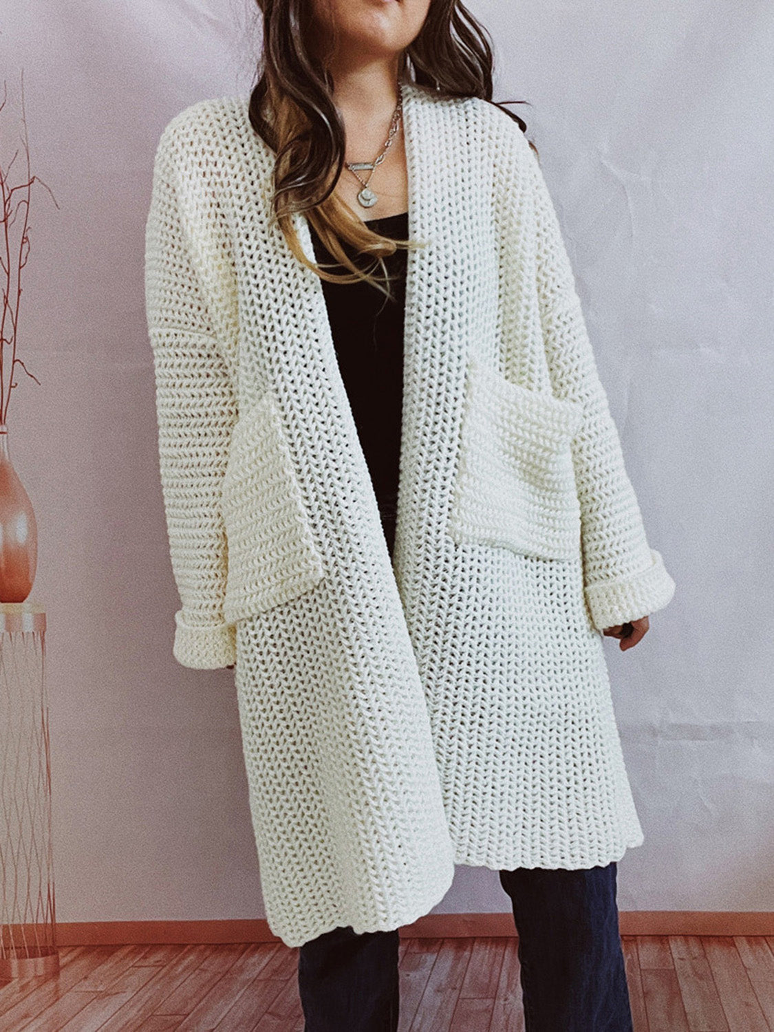 Open Front Long Sleeve Cardigan with Pockets-Angel Casuals