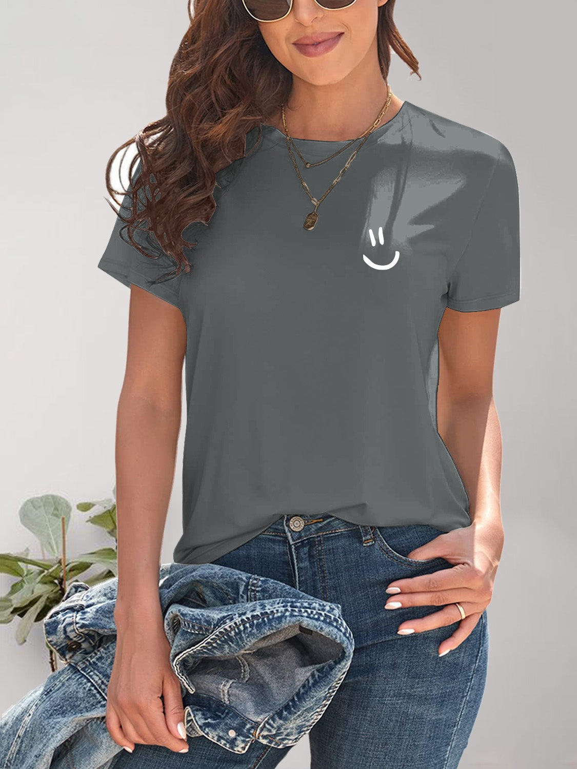 Smile Graphic Round Neck Short Sleeve T-Shirt-Angel Casuals