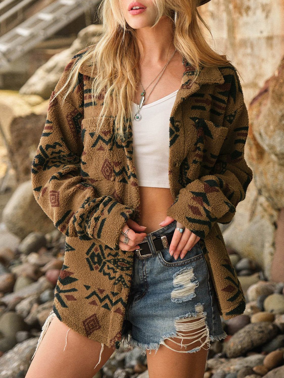 Geometric Button Up Long Sleeve Sherpa Jacket-Angel Casuals