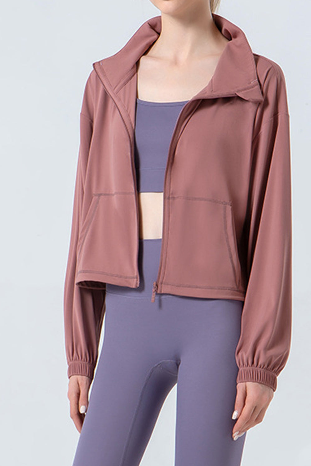 Drawstring Zip Up Dropped Shoulder Active Outerwear-Angel Casuals