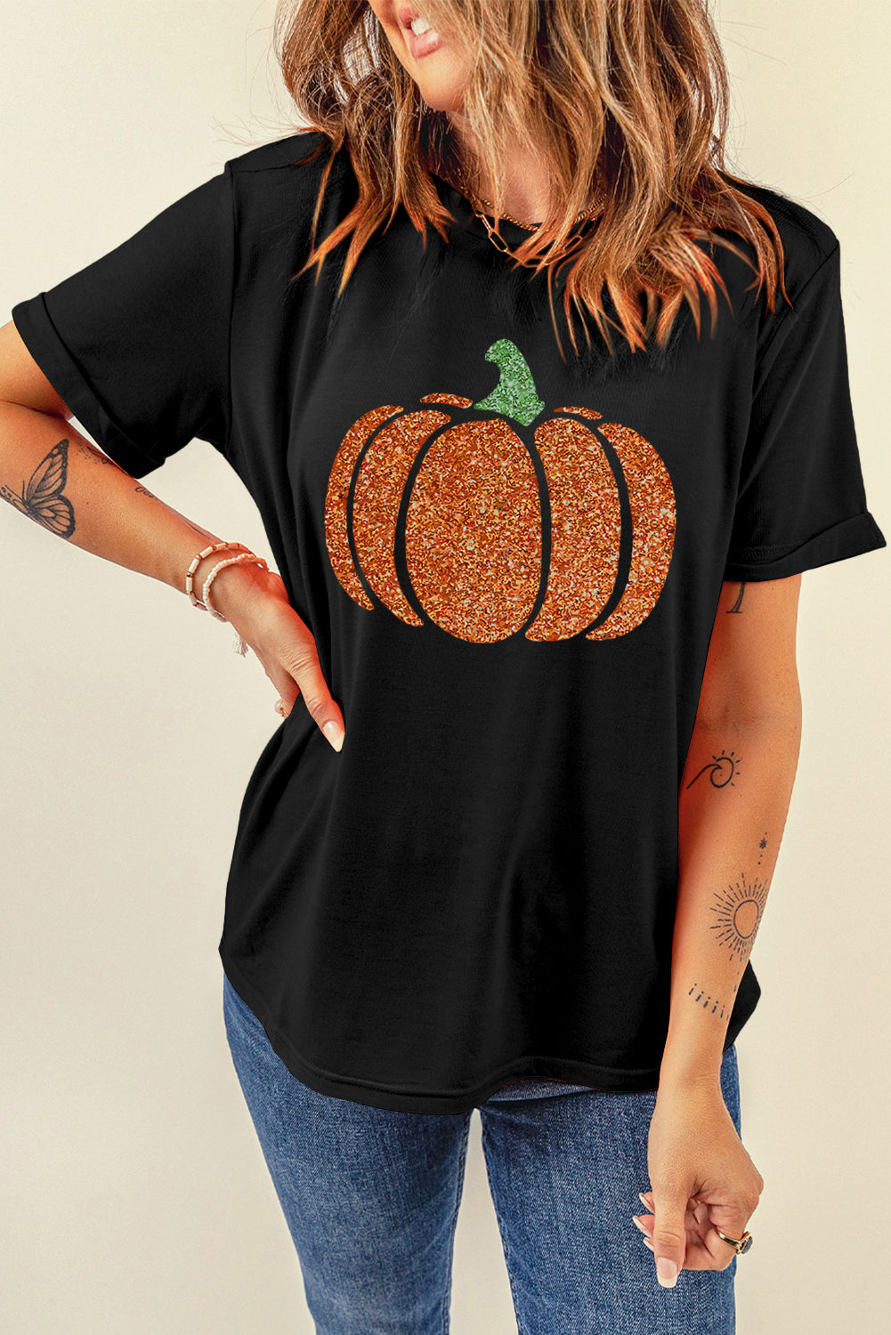 Glitter Pumpkin Round Neck Short Sleeve T-Shirt-Angel Casuals