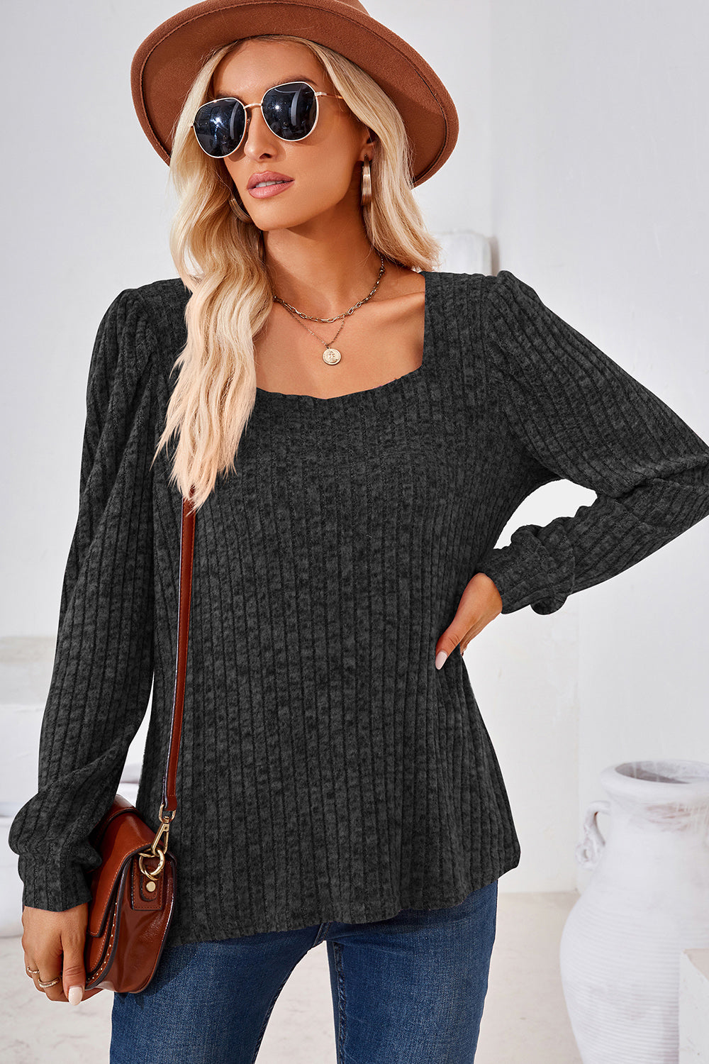 Ribbed Square Neck Long Sleeve T-Shirt-Angel Casuals