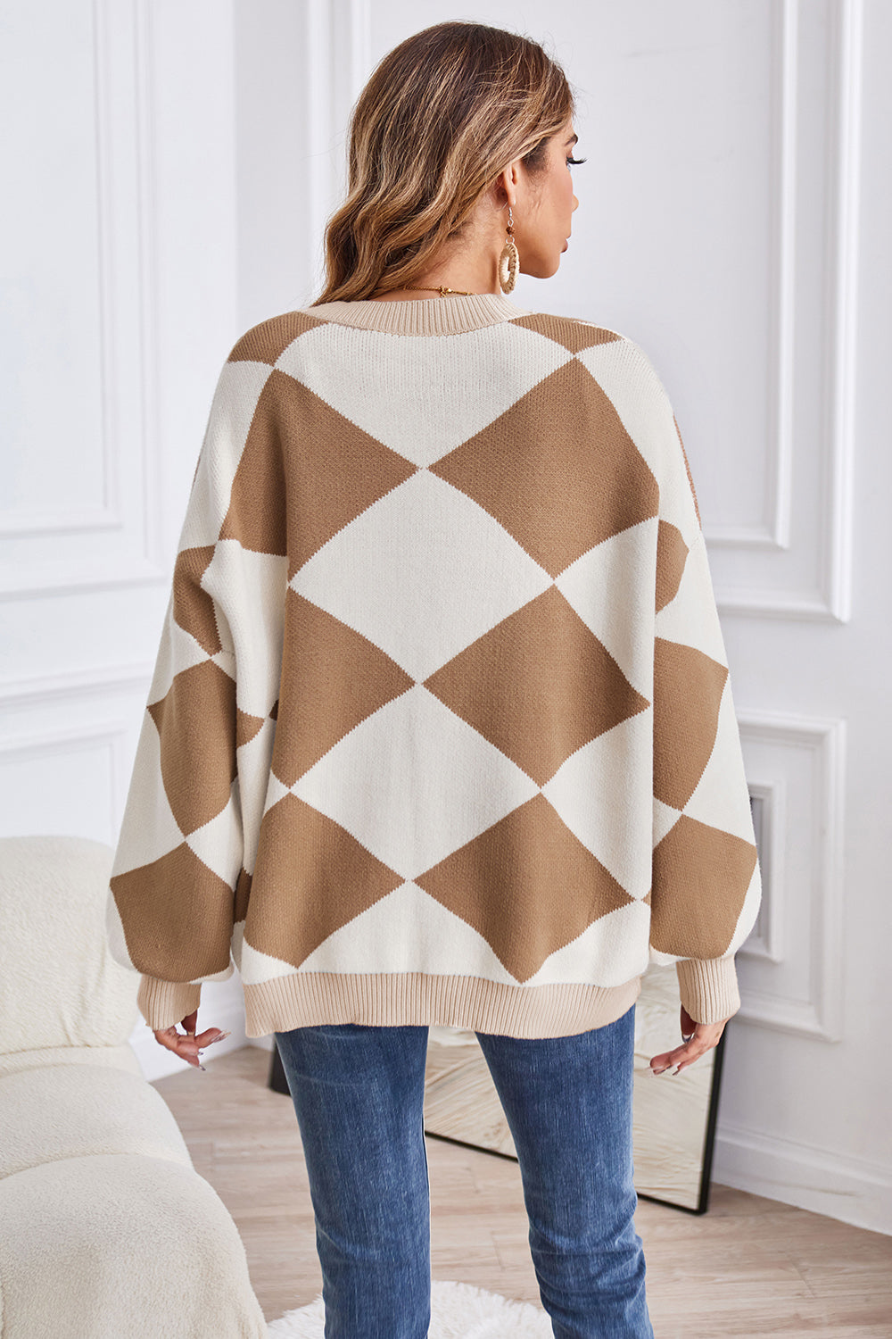 Geometric Lantern Sleeve Cardigan with Pockets-Angel Casuals