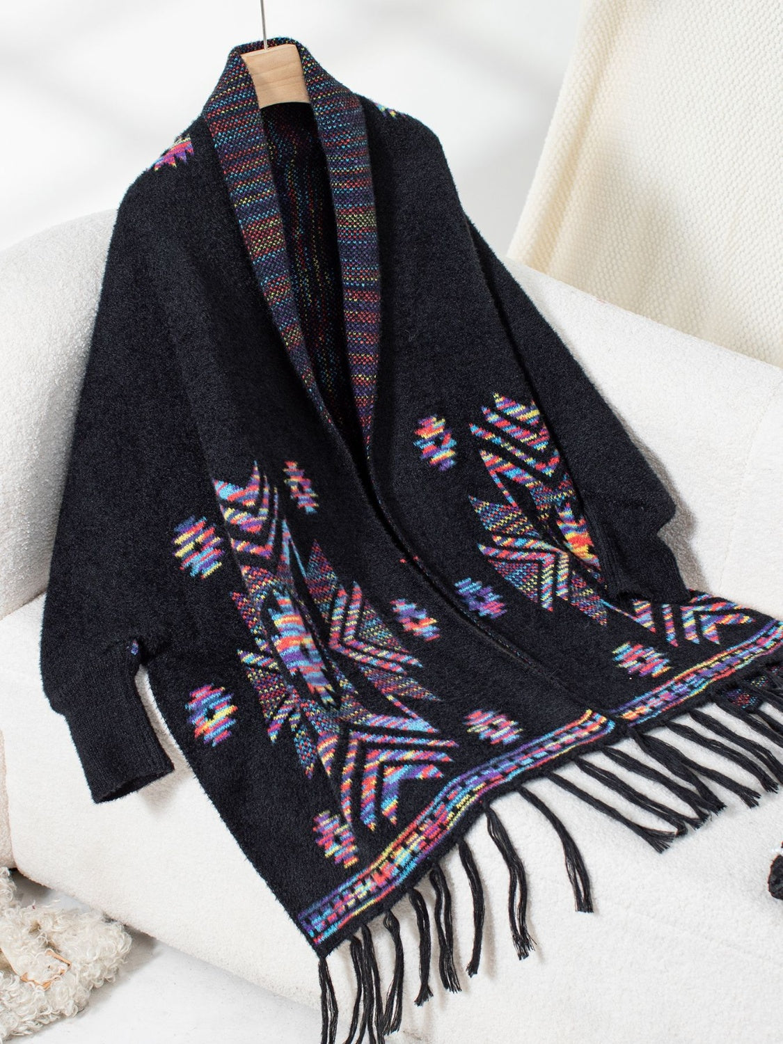 Fringe Geometric Open Front Long Sleeve Cape-Angel Casuals